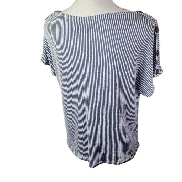 W5 Blouse Button Short Sleeve Striped Vertical Blue White Womens Medium - Picture 6 of 13